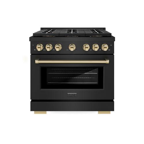 ZLINE Autograph Edition 36 in. 5.2 cu. ft. Paramount Gas Range with 6 Burner DuoPro™ Cooktop and Convection Gas Oven in Black Stainless Steel and Polished Gold Accents (PSGRBZ-36-G)