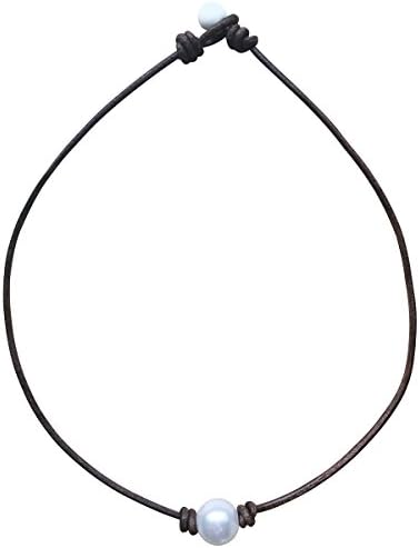 White Single 12 mm Artificial Pearl Handmade Choker Necklaces for Women on Black Original Leather Cord (15''Brownleather-C)
