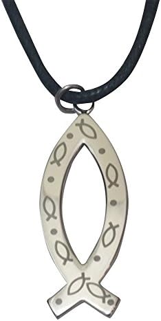 Religious Ichthus Fish Pendant Necklace Silver Plated on 24 inch Black Cord