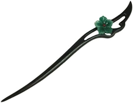 FANTAC CRAFTS Vintage Girl Women Girl Ebony Wood Handmade Carved Hair Stick Flower Hairpin Chinese Pin Gift (Green Flower)