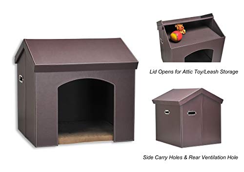 PAWLAND Collapsible Leather Pet Haven Indoor Cat Dog House for Small Dogs,Cats, Folding Dog House with Toys Storage and Bed,Roof Opens, Brown - Thumbnail 6