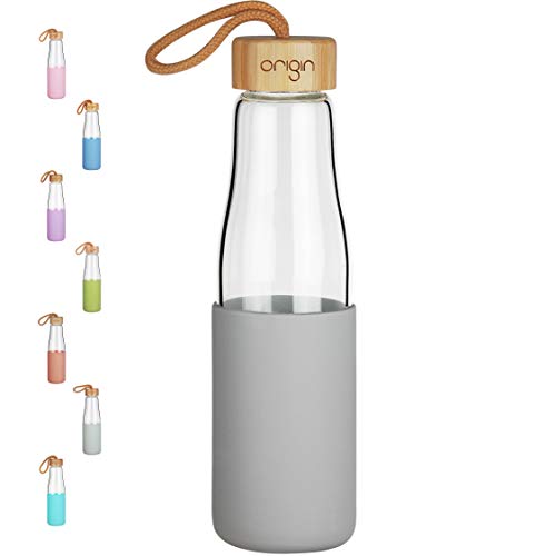 Origin - Best BPA-Free Glass Water Bottle with Protective Silicone Sleeve and Bamboo Lid - Dishwasher Safe (Charcoal, 16 oz)