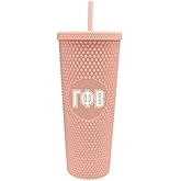 Sorority Shop Gamma Phi Beta Studded Tumbler with Straw - 24 Oz Tumbler with Lid and Straw, Matte Coral, Reusable Plastic Cup with Screen Printed Greek Letters for Water, Ice Coffee or Any Drink