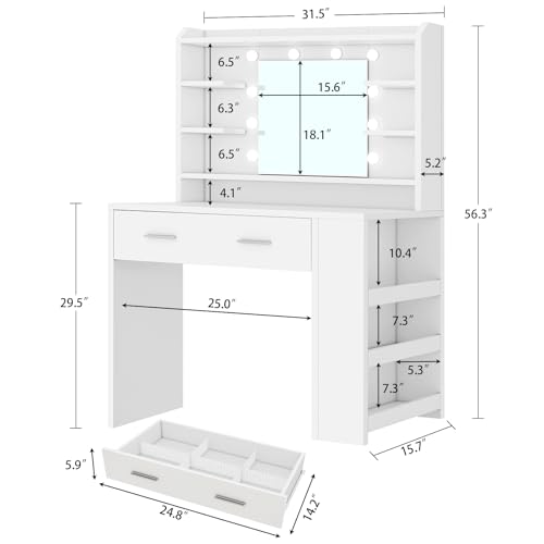 TEENFON Vanity Desk with Large Mirror & 10 Lights, Makeup Vanity with 3-Tier Open Side Storage Shelves, Vanity Table with 3 Color Light Adjustable for Bedroom, White, 40×80×143CM
