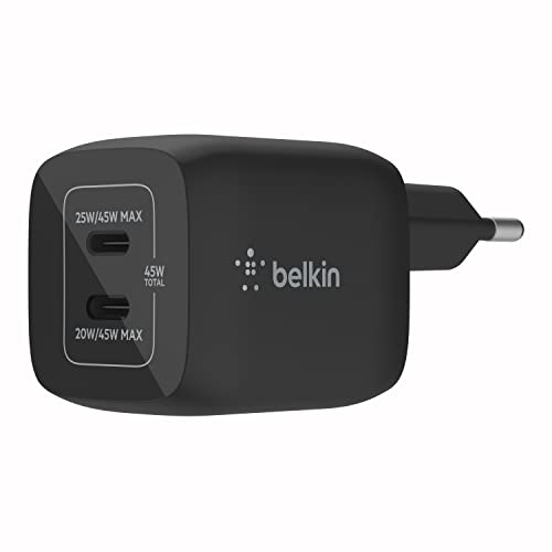 Belkin 45-W-USB-C-Ladegerät mit 2 Ports, Schnellladen mit Power Delivery 3.0 und GaN-Technologie für MacBook Pro, iPhone 17, iPhone Air, iPad, Galaxy S25, Pixel