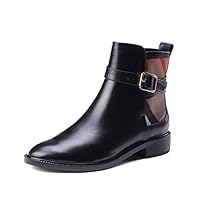 QINGMM Women England Martin Boots Plaid Belt Buckle Boots Autumn Winter Fashion Leather Motorcycle Boots (Color : Black, Size : 34 EU)