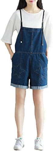 Women Adjustable Straps Denim Overall Romper Wide Leg Pattern Jumpsuit Short Trouser (M)
