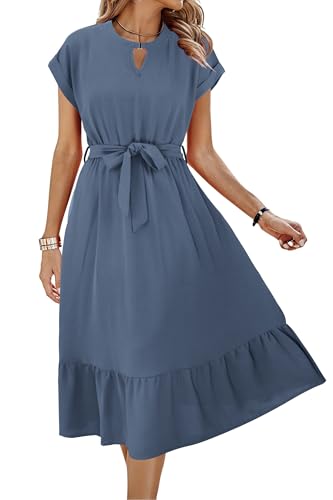 ECOWISH Womens Casual Midi Dresses Solid V