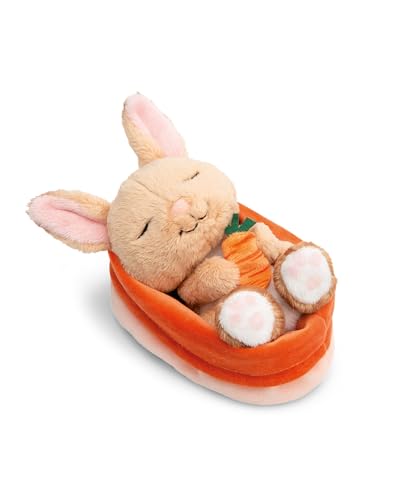 NICI soft toy rabbit with carrot 12cm sleeping in basket - brown - Fluffy plush, cute to cuddle and play with, for children & adults, great gift idea - 61584