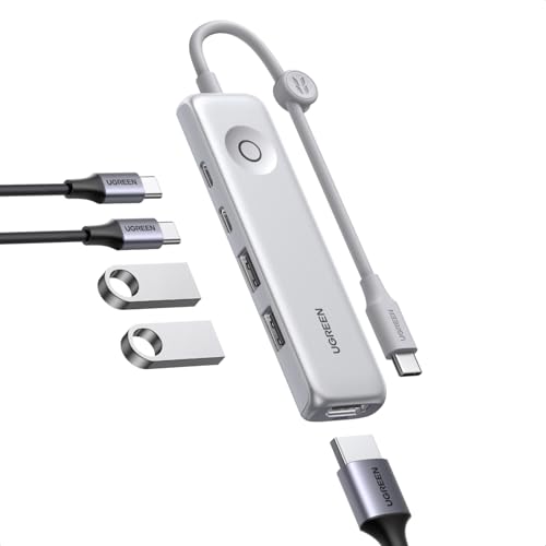 UGREEN 5-in-1 USB C Hub with One-Key Screen Off, 4K@60Hz HDMI, 100W PD, 10Gbps USB-C & 2x USB-A 2.0, Built-in Cable Storage – Type C Multiport Adapter for Laptop, Phone, Windows (Not for MacBook NEO)