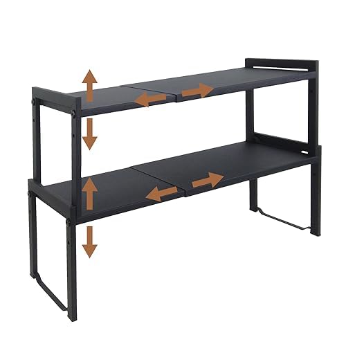 Goodsnetic 2 Packs Expandable Cabinet Shelf 13.8~26"(L), Stackable Kitchen Counter Shelf Organizer, 33LBS Heavy Duty Riser, (Black 2 Packs L)