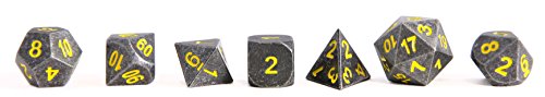 Forged Dice Co. Metal Iron Silver with Yellow Numbers Set of 7 Polyhedral Dice with Dragon Logo Tin Case Compatible with RPG games like Dungeons and Dragons, DnD, and Pathfinder
