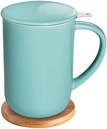CEEFU Porcelain Tea Mug with Infuser and Lid, Teaware with Filter and Coaster, Free Leaf Tea Cup Steeper Maker, 16 OZ for Tea/Espresso/Milk/Girls/Workplace/Dwelling/Present (Turquoise)
