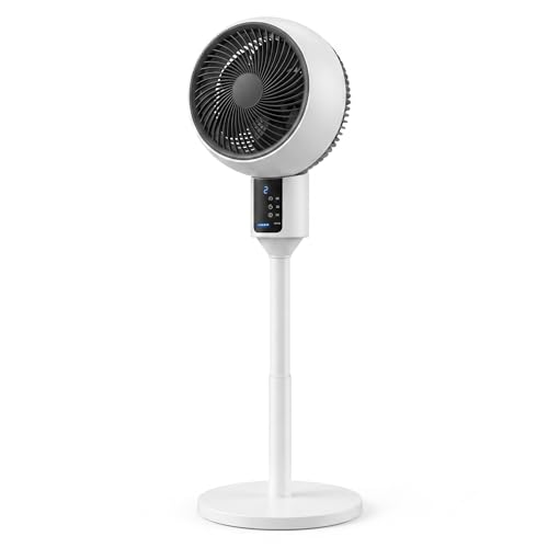 Pedestal Air Circulator Fan with Remote Control, Smart 3D Oscillation Cooling Fan for Bedroom Home Office, 3 Speeds, 7.5H Timer, 46 to 92cm 3-Way Adjustable Height Table Standing Fan, White