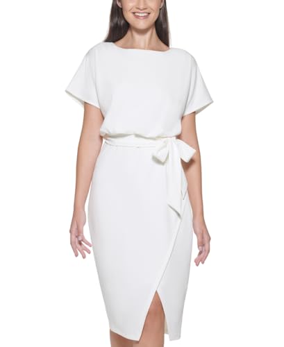 Kensie Women’s Short Sleeve Tie Waist Midi Dress, Ivory, 14