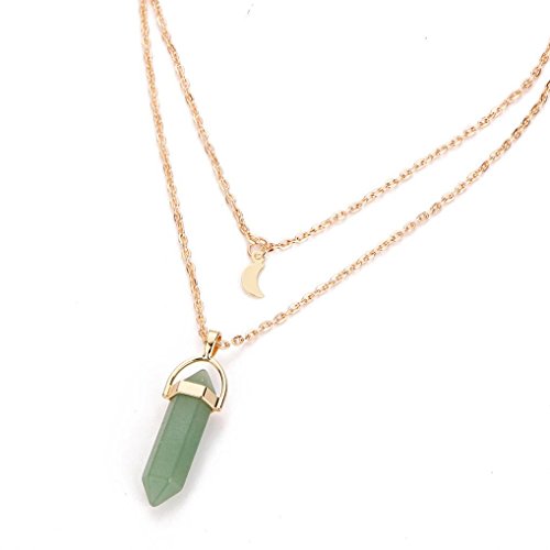 Crystal Pendant Statement Necklace Cuekondy Natural Gemstone Hexagonal Reiki Silver Stone Bead Chain Jewelry for Women Girls (Green)