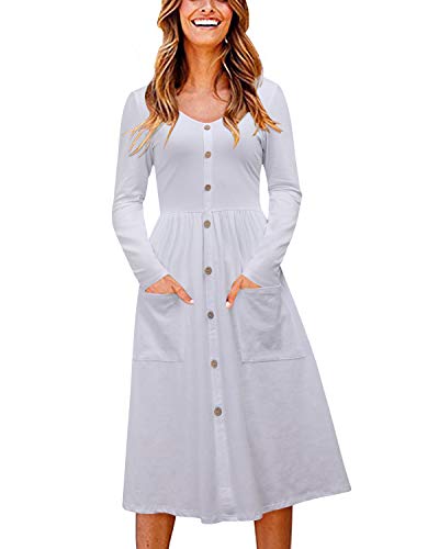 OUGES Women's Long Sleeve V Neck Button Down Skater Dress with Pockets(White325,XL)