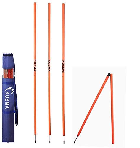 Kosma Pack of 4pc Speed Training Slalom Poles 5ft x 25mm (Foldable) with metal spike - Colour: Orange | Agility Football Training Posts in Carry Bag