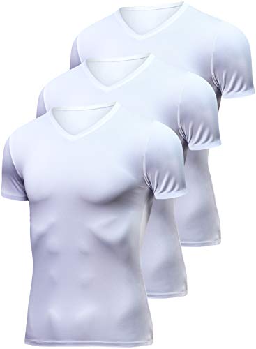 Lavento Men's Compression Shirts Cool Dry Short Sleeve Workout Slimming T Shirt (3 Pack-V Neck White,Large)