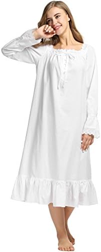 SloMes Women's Cotton Blend Long Sleeve Nightgown Shift Pure Color Sleepwear Victorian Style Nightwear