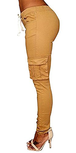 Coutgo Womens Casual stretch drawstring skinny pants cargo jogger pants (XXXL, yellow)