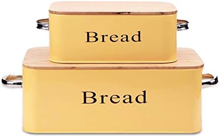 Amazon Com Yellow Vintage X559 665 Set Of 2 Metal Kitchen Storage Tin Canister Home Gifts Bread Box Bin Container With Bamboo Lid Kitchen Dining