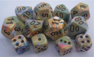 Chessex Dice d6 Sets: Festive Vibrant Swirl with Brown Pips - 16mm Six Sided Die (12) Block of Dice