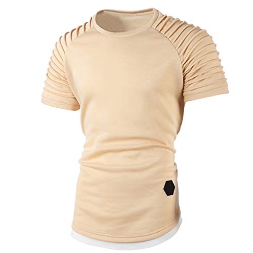 Ximandi Fashion Men's Summer Pleats Slim Fit Raglan Short Sleeve Pattern Top Blouse Khaki - Thumbnail 6