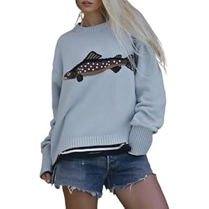 HOHOPEACH Y2k Fish Graphic Crochet Chunky Sweater Women Vintage Cottagecore Oversized Streetwear
