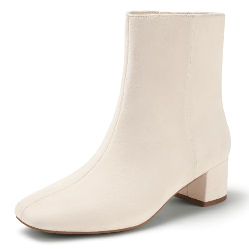 IDIFU Beige Ankle Boots Low Chunky Block Heel Square Toe Dress Booties at Amazon