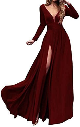 MariRobe Women's High Split Evening Dress V Neck Prom Gown Long Sleeve Party Gown US2