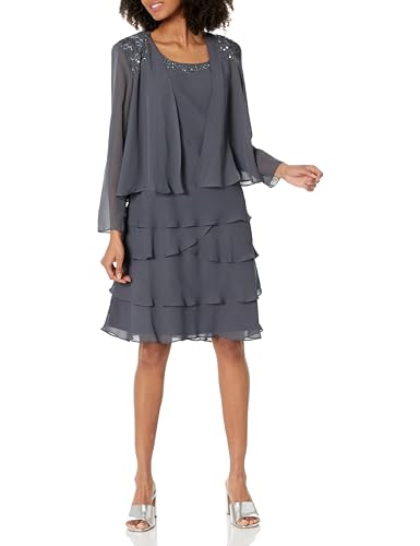 S.L. Fashions Women's Embellished Tiered Jacket Dress (Petite and Regular) Special Occasion, Steel, 14