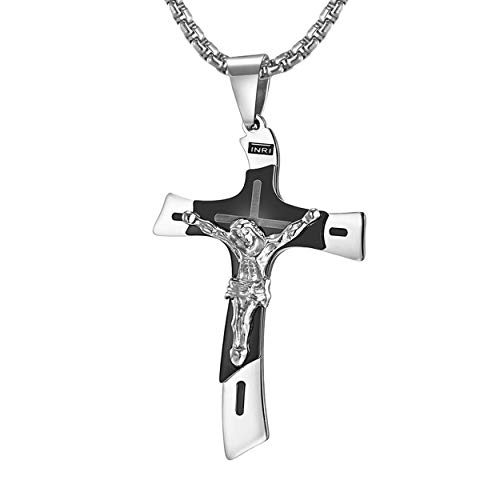 Rehoboth Catholic Crucifix Jesus Christ on INRI Cross Large Pendant Necklace for Teens Women Mens Stainless Steel 24 Chain
