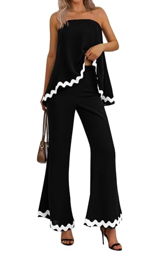 PRETTYGARDEN Women's 2 Piece Outfits 2024 Summer Beach Flowy Womens Tops Dressy Casual Lounge Sets for Women Wide Leg Pants