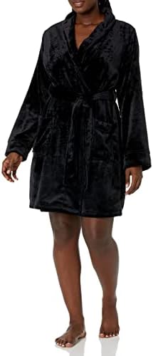 amazon ladies winter dressing gowns Women's Winter Thick Bathrobe Fleece Turn Down Collar Fluffy Dressing Gown Solid Long Sleeve Kimono Black M at Amazon Women's Clothing store