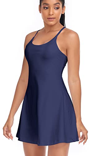 Women's Tennis Dress, Athletic Workout Sports Golf Dresses with Built-in Bra & Shorts Exercise Dresses for Women Darkblue