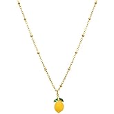 Cute Lemon Necklace for Women 18K Gold-Tone Plated Cubic Zirconia Yellow 3D Lemon Pendant Dainty Fruit Choker with Sparkly Green Leaf Adjustable Chain Valentine Sweet Summer Jewelry Hypoallergenic