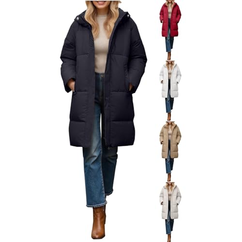 Ladies Coat Long Puffer Coat Thickened Warm Hooded Padded Jackets Long Sleeve Ladies Winter Windproof Outerwear with Packets Long Waterproof
