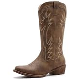 GLOBALWIN Women’s Square Toe Cowgirl Boots Classic Mid-Calf Cowboy Boots With Embroidered Stitching Low Heel Comfortable Western Boots For Country Outfits