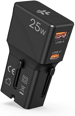Adaptador de Viaje Universal 25W con USB‑C y USB‑A, Compatible en más de 150 países