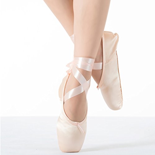 Girls Womens Dance Shoe Pink Satin Ballet Pointe Shoes with Ribbon and Toe Pads (US9 (Foot length:10.04 inch))