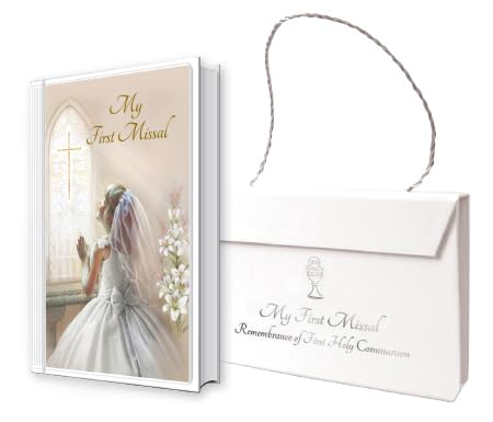 My First Holy Communion Hardback Missal and Book Mark / Prayer Card inside a White Keepsake Carry Case Bag for a Girl's Special Day