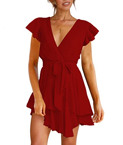 FLYBONY WOMENS SHORT SLEEVE V NECK DRESS TIE WAIST RUFFLE MINI SWING SKATER DRESSES WINE RED