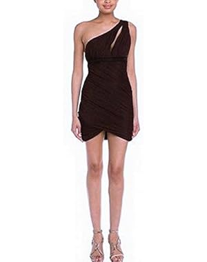 BCBG Chocolate Brown One Shoulder Tulle Ruched Dress