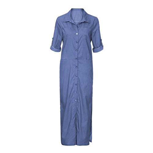 Minisoya Women Plus Size Long Sleeve Denim T-Shirt Dress Kaftan Tunic Pockets Split Casual Loose Party Long Maxi Dress (Blue, M)