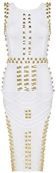 UONBOX Celebrity Style Women's Bodycon Studded Sleeveless Bandage Party Dress (L, white1)