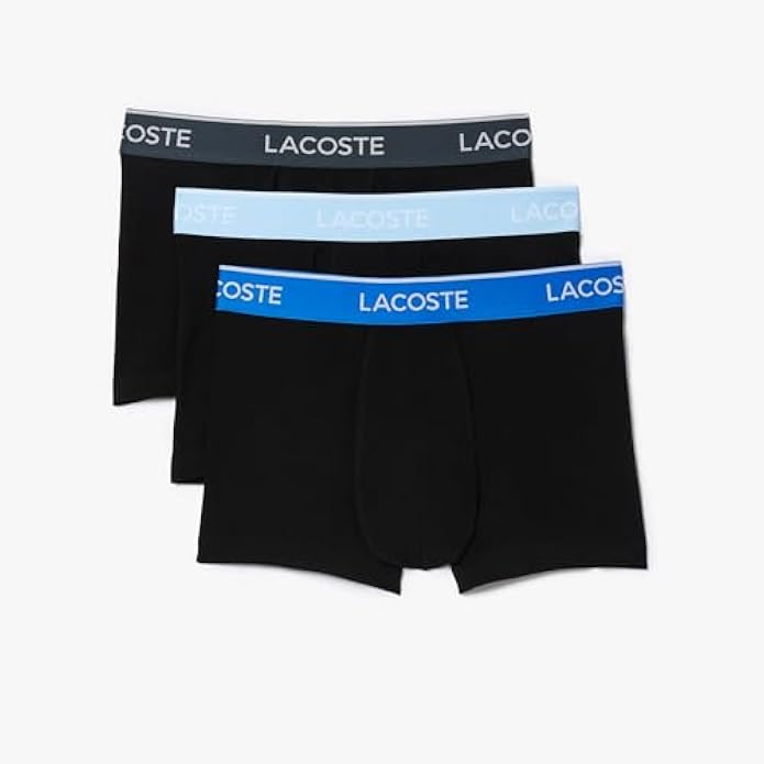 Lacoste Men's Cotton Stretch Essentials Trunks, 3-pack, Black with Ocean Blue/Sky Mist/Graphite waistbands, XX-Large