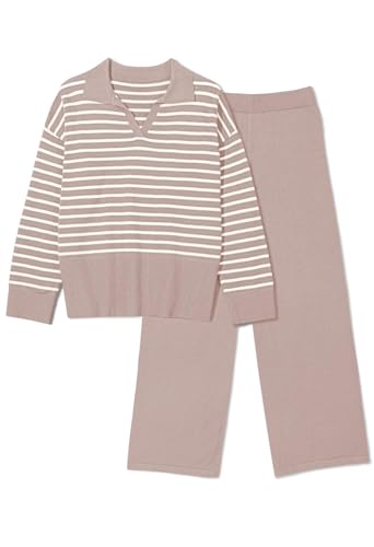 Photo 1 of **MISSING PANTS***Pink Queen 2 Piece Lounge Set Women Striped Long Sleeve Collar V Neck Pullover Sweater Top and Wide Leg Pants Tracksuits Dirty Pink L