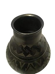 Black Pottery Angled Vase Sgraffito Design