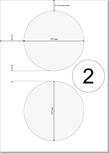 Printation CD Label Aufkleber 117 mm, 50 CD Sticker, 2 CD DVD Etiketten pro A4 Bogen, 25 Etiketten A4 Bogen, ClassicSize Rund, Bedruckbare Klebeetiketten für alle A4-Drucker, Etiketten zum Bedrucken – Bild 3